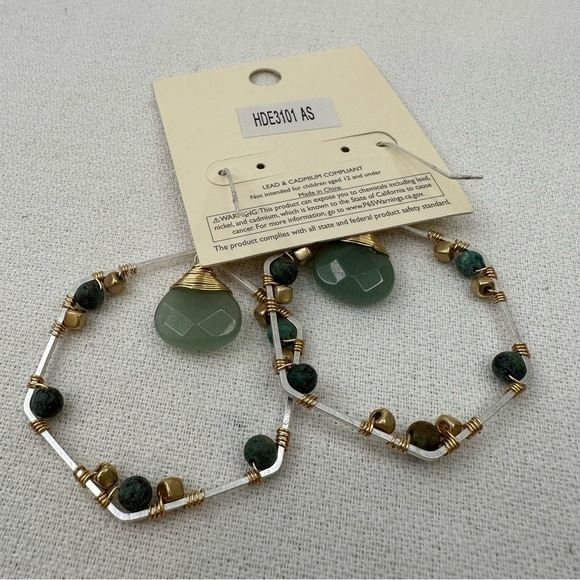 Hexagon Earrings Green Gold Silver Toned - Picture 6 of 7